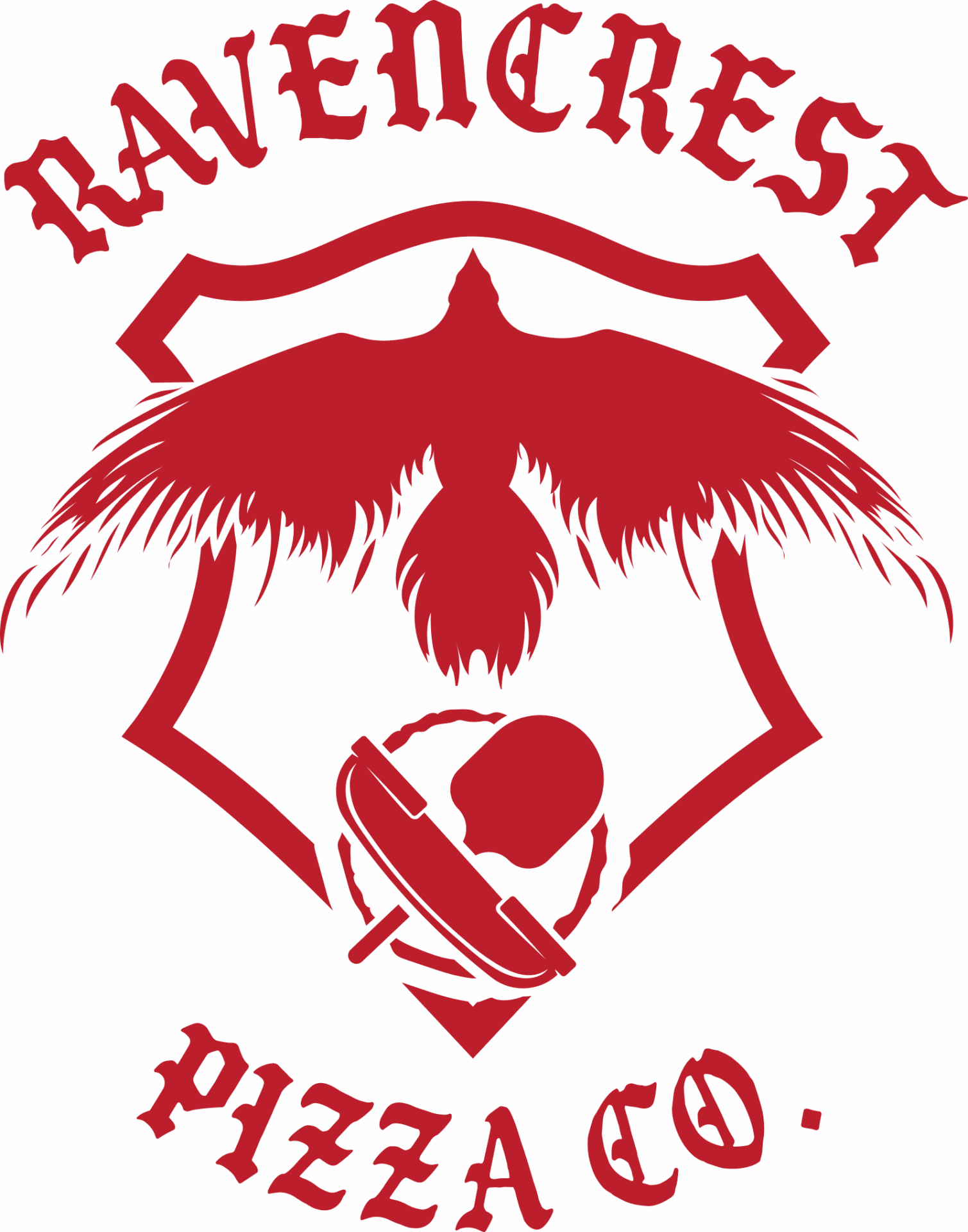 Red raven logo with pizza theme.